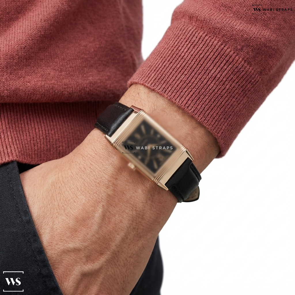 Black Aged Leather Watch Strap on Jaeger LeCoultre Reverso Classic 18k RG Manual Wind