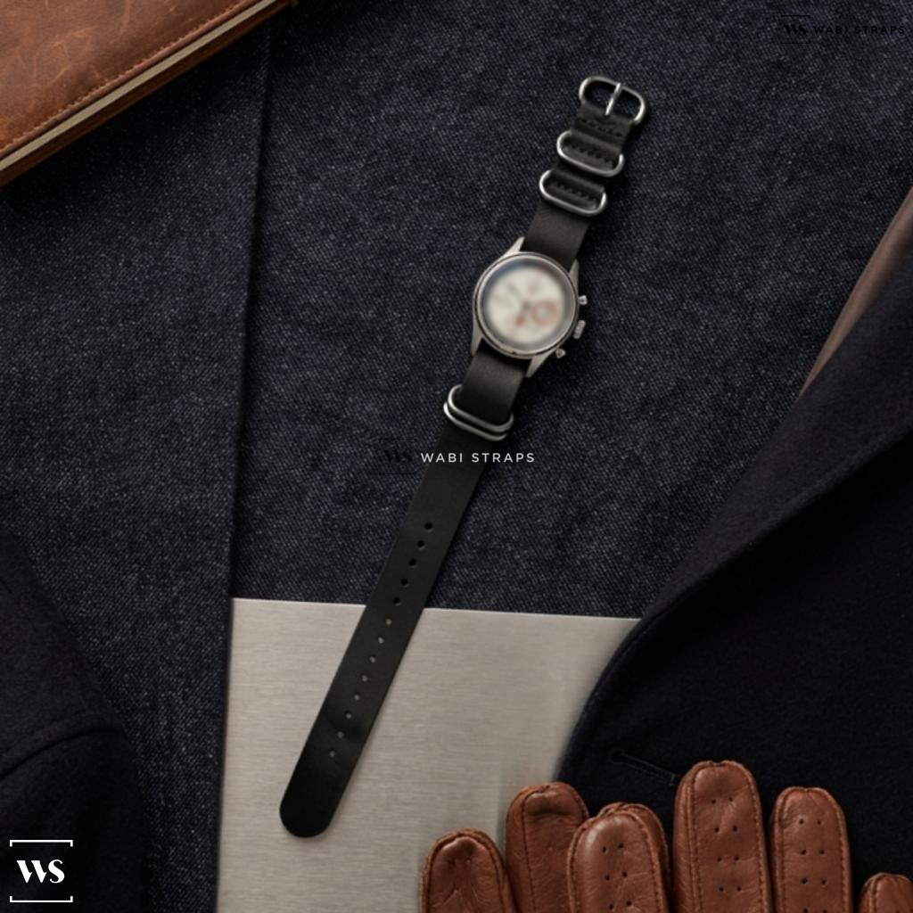 Black Aged Rustic Leather Watch Strap on Omega Electronic Chronometer F300