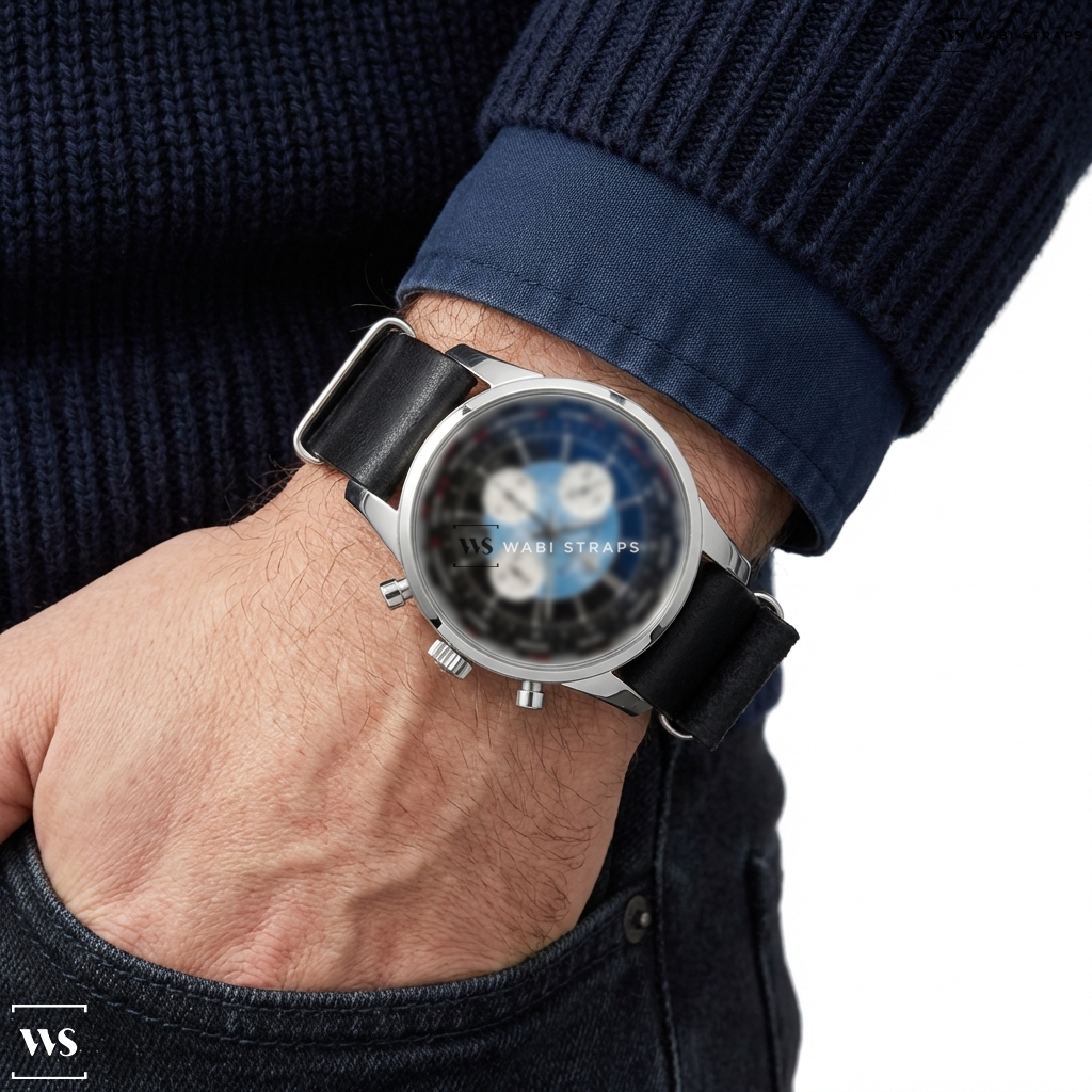 Black Aged Rustic Leather Watch Strap on BWC Incabloc Chronograph Square Case Panda Dial