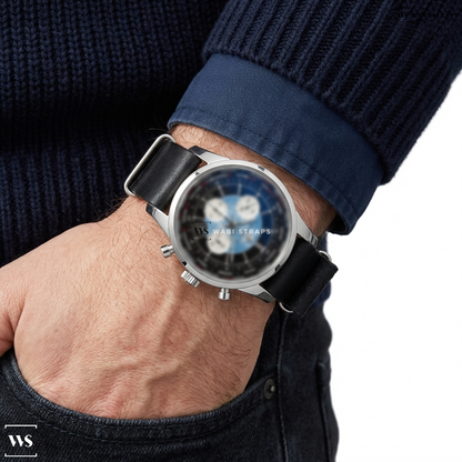 Black Aged Rustic Leather Watch Strap on BWC Incabloc Chronograph Square Case Panda Dial