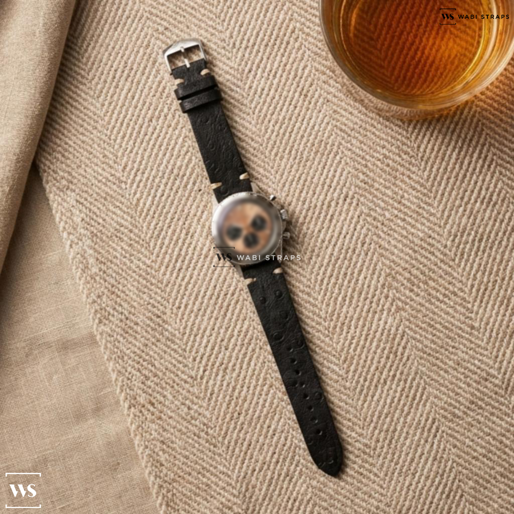 Black Ostrich Grain Leather Watch Strap on Breitling Chronomat B01 42mm SS Copper Dial