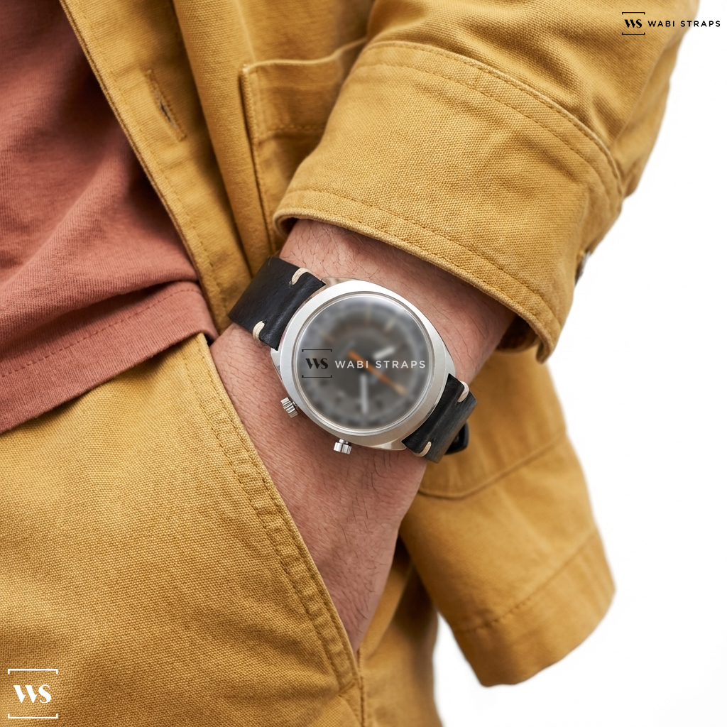 Black Ostrich Grain Leather Watch Strap on Omega Chronostop
