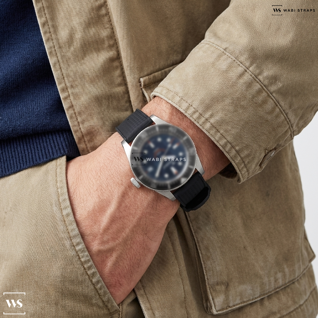 Black Perforated Rubber Watch Strap on Squale 1545 Black Rubber