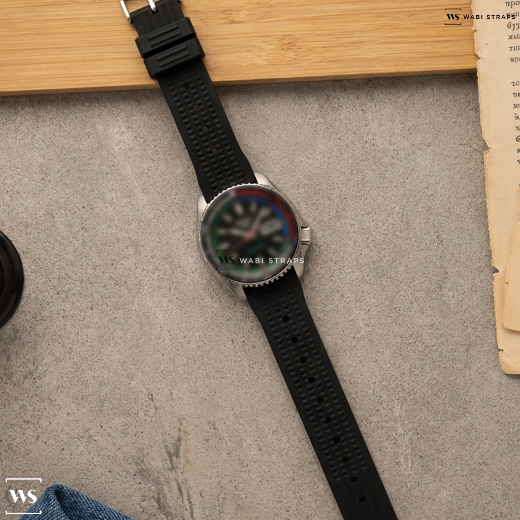 Black Ribbed Rubber Watch Strap on Seiko 5 Sports Special Edition Automatic Watch with Black Dial #SRPK13