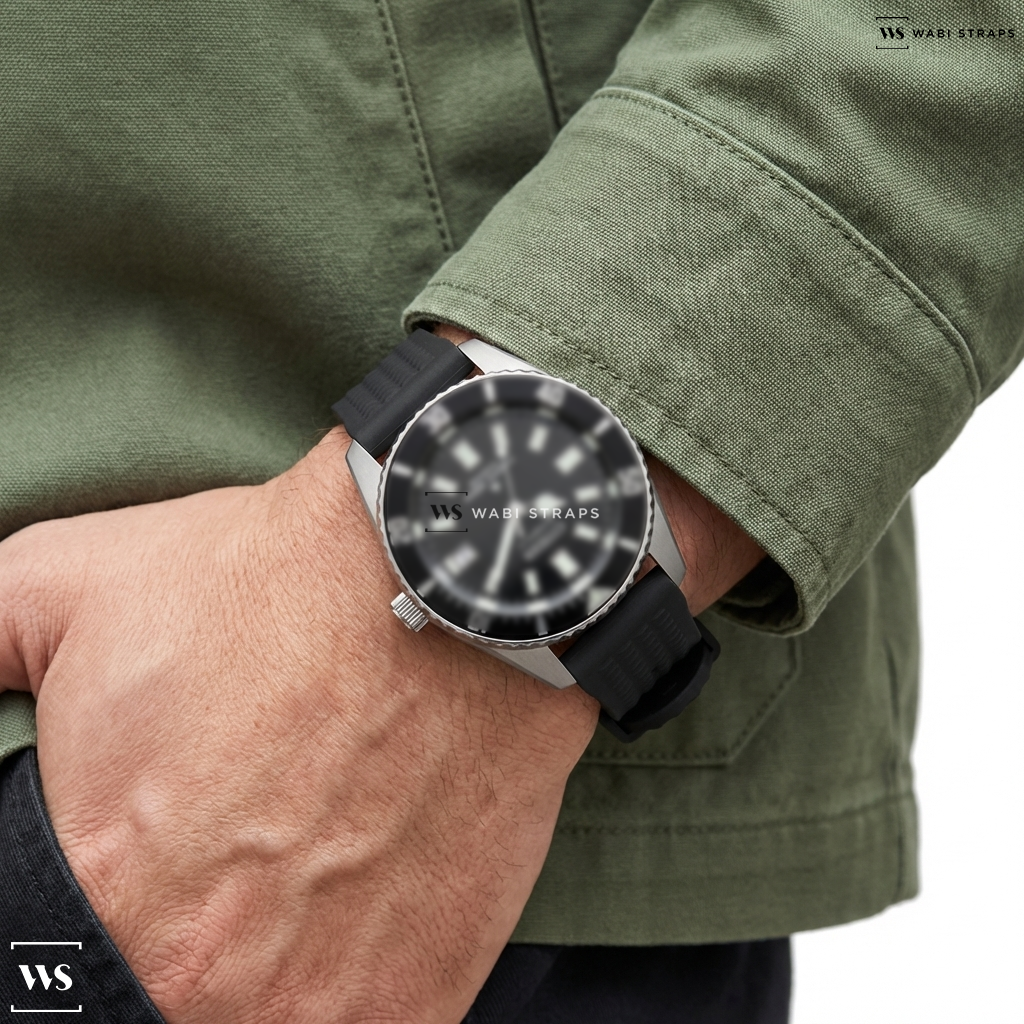 Black Ribbed Rubber Watch Strap on CITIZEN NB6021-17E PROMASTER MARINE AUTOMATIC MEN WATCH