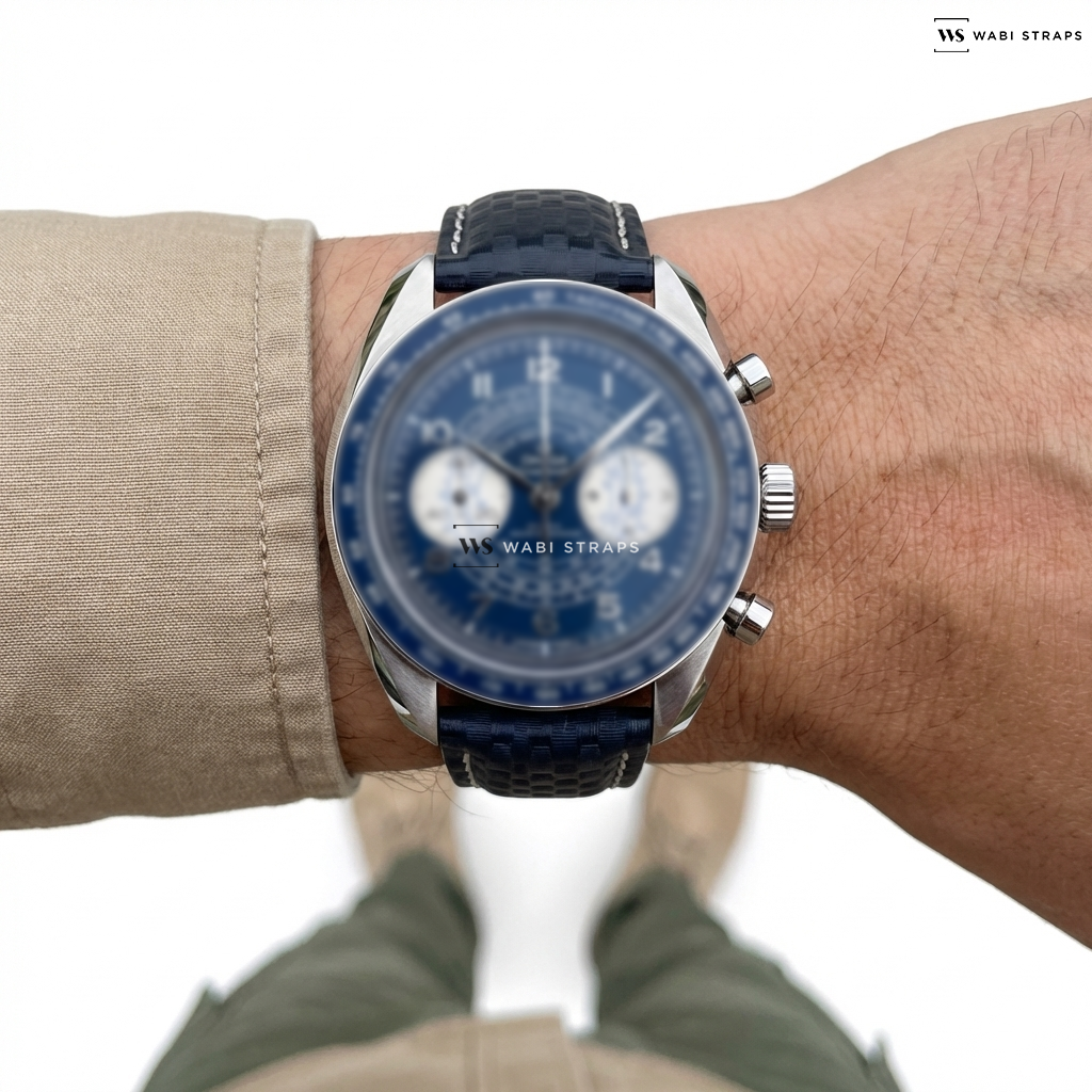 Black/White Carbon Fibre Leather Watch Strap on Omega Speedmaster Chronoscope Co-Axial Master Chronometer Chronograph