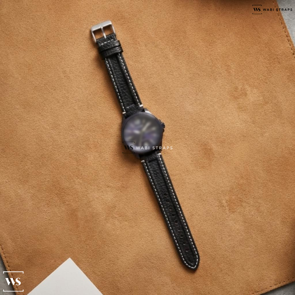 Black/White Double Ridged Leather Watch Strap on Citizen Eco-Drive Eco-Drive Black Dial Stainless Steel Men's Watch