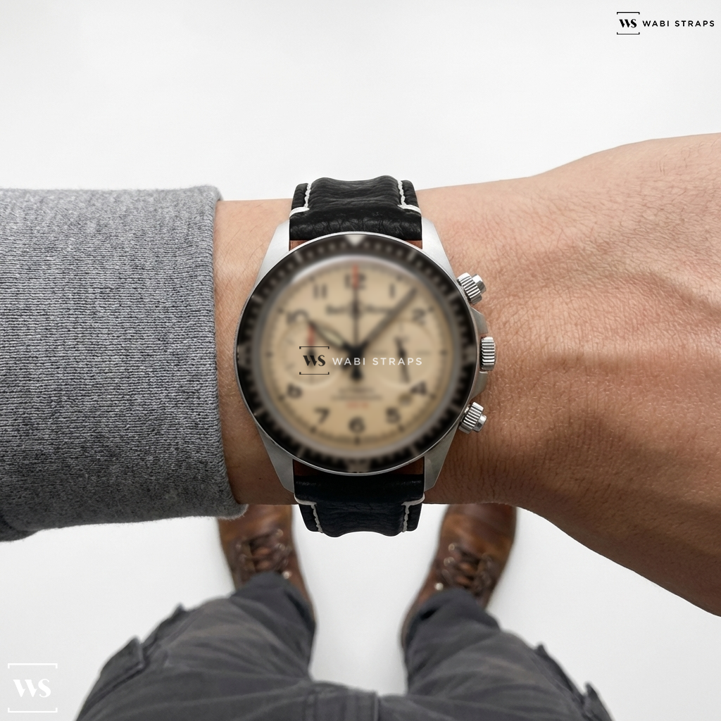 Black/White Double Ridged Leather Watch Strap on Bell & Ross Vintage BR V2-94 Military Beige Men's Watch