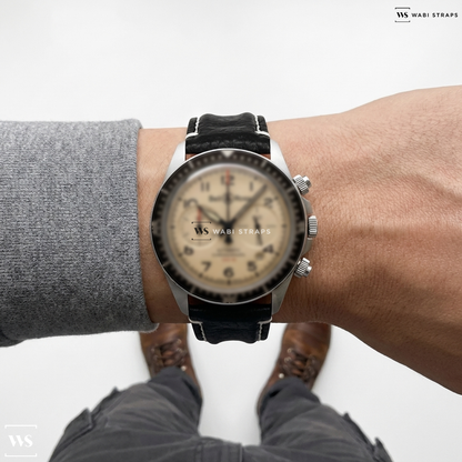 Black/White Double Ridged Leather Watch Strap on Bell & Ross Vintage BR V2-94 Military Beige Men's Watch