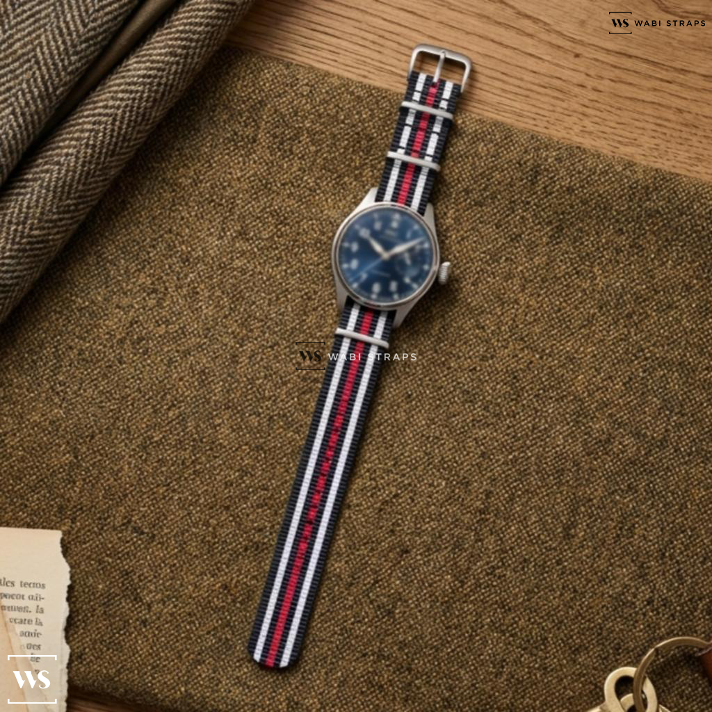 Black/Blue/Red/White 7 Stripes Nylon Watch Strap on IWC Big Pilot Boutique London