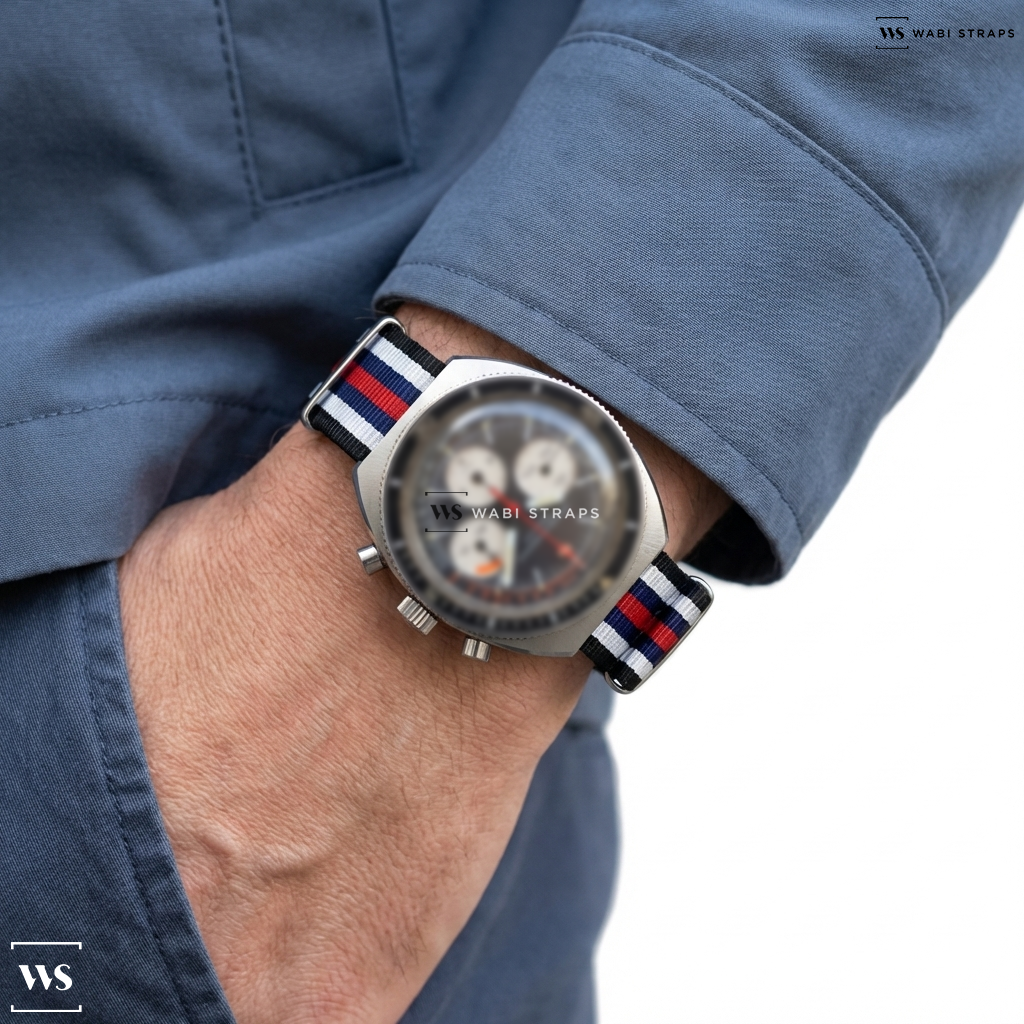 Black/Blue/Red/White 7 Stripes Nylon Watch Strap on Girard Perregaux Olimpico Chronograph