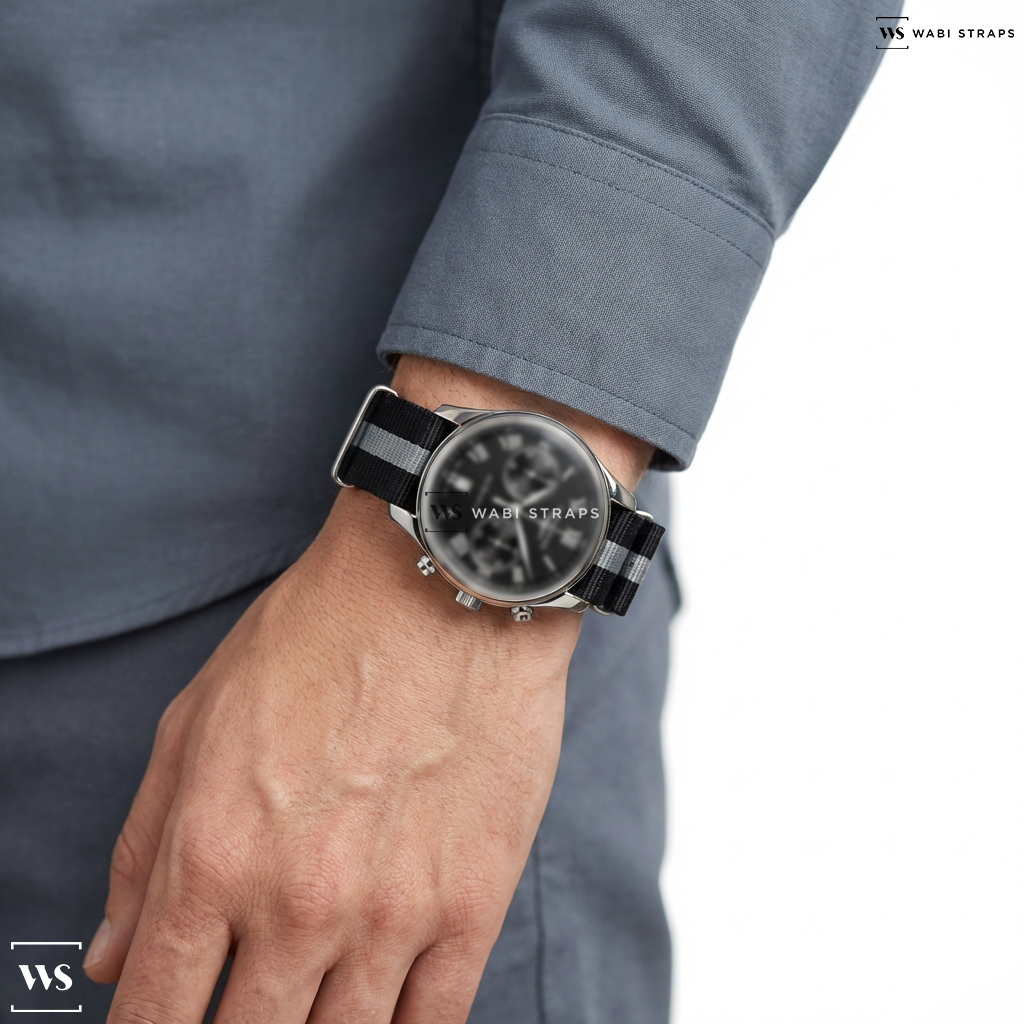 Black/Grey/White 3 Stripes Nylon Watch Strap on Longines Master Collection L2.893.4.78.6