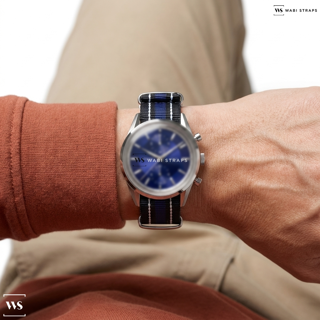 Black/Purple/White 4 Thick 1 Thin Stripe Nylon Watch Strap on ARMONIA CHRONO PURPLE