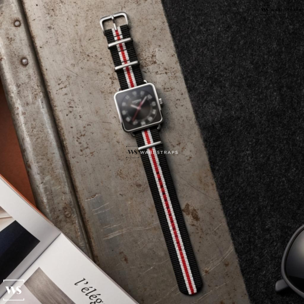 Black/Red/White 2 Thick 3 Thin Stripes Nylon Watch Strap on Hermes Carre H Square Case