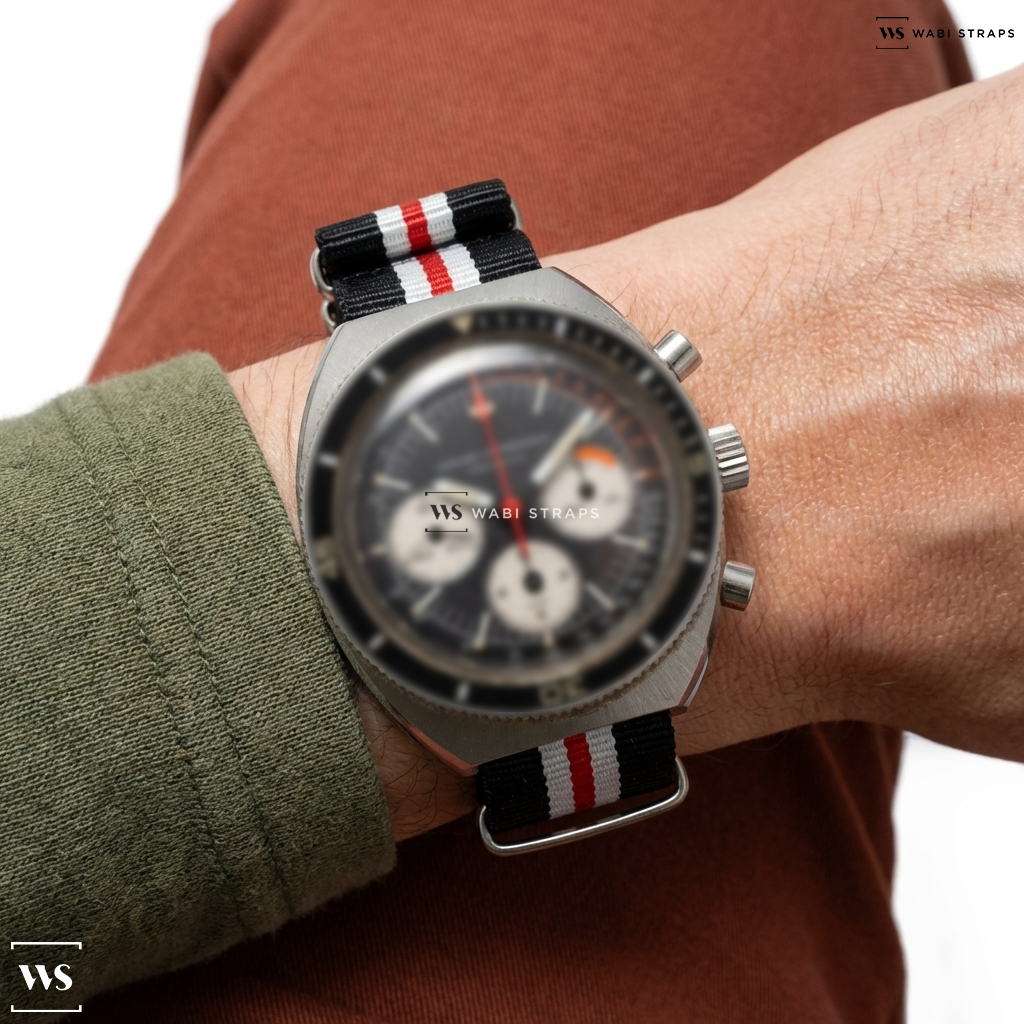 Black/Red/White 2 Thick 3 Thin Stripes Nylon Watch Strap on Girard Perregaux Olimpico Chronograph