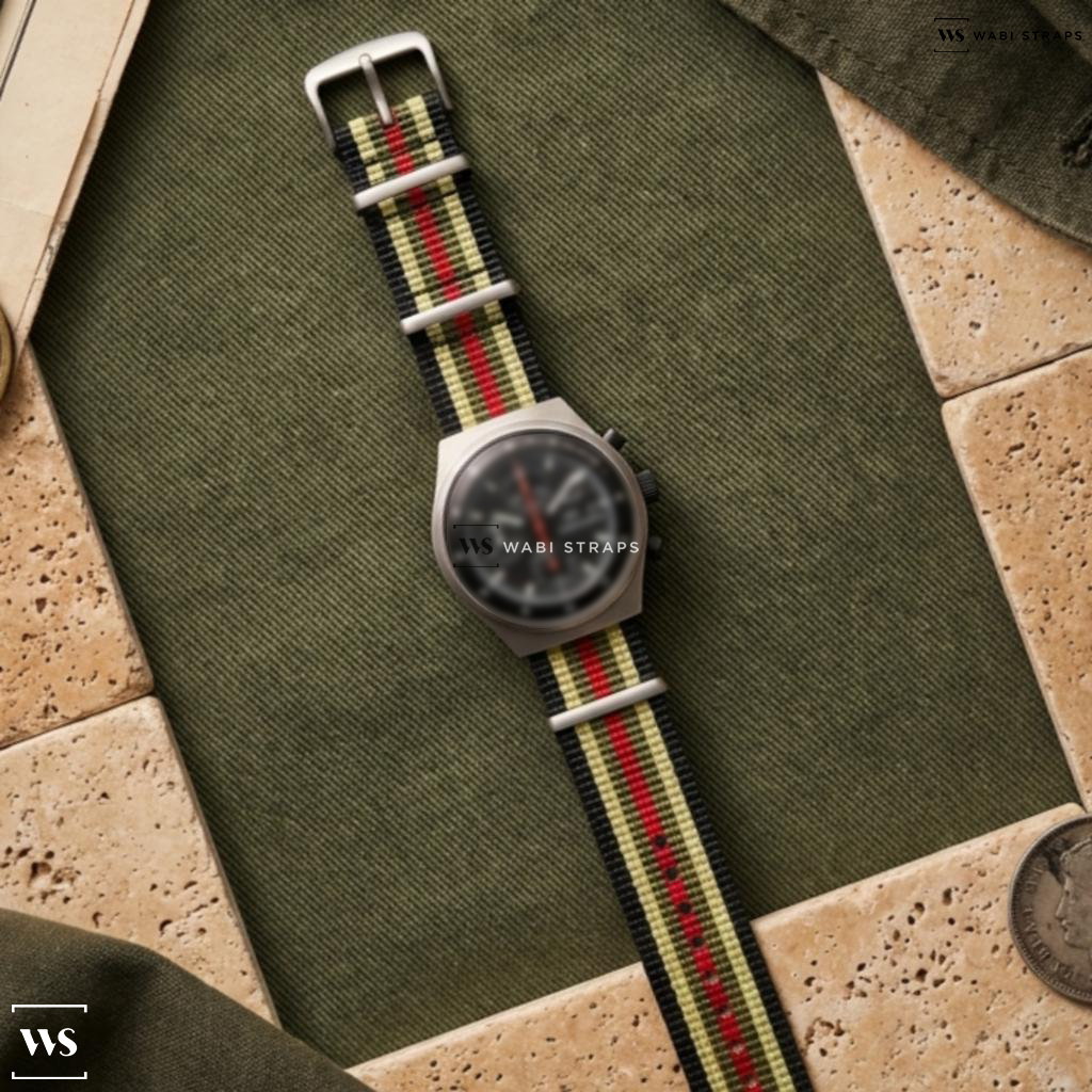 Black/Green/Red/Yellow 7 Stripes Nylon Watch Strap on Porsche Design Day Date Chronograph