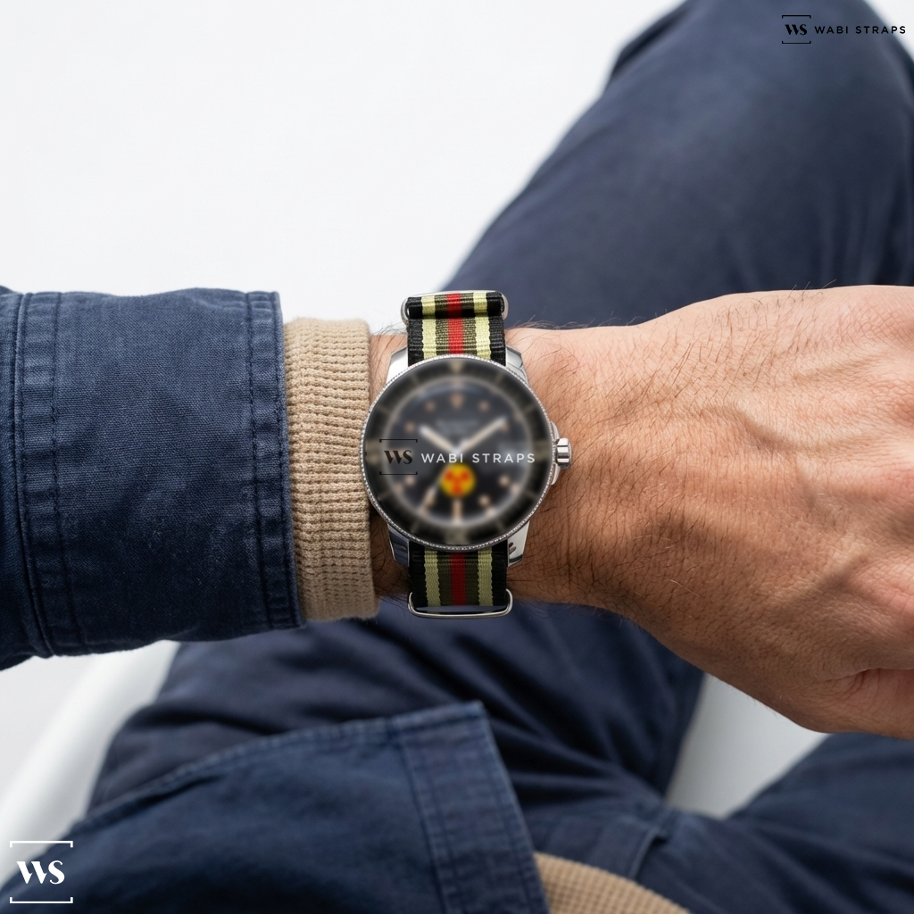Black/Green/Red/Yellow 7 Stripes Nylon Watch Strap on Blancpain Fifty Fathoms 'No Rad' Limited Edition