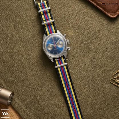 Black/Blue/Red/Yellow 7 Stripes Nylon Watch Strap on Masena Lab Uni-Racer Big Eye Chronograph Blue Dial