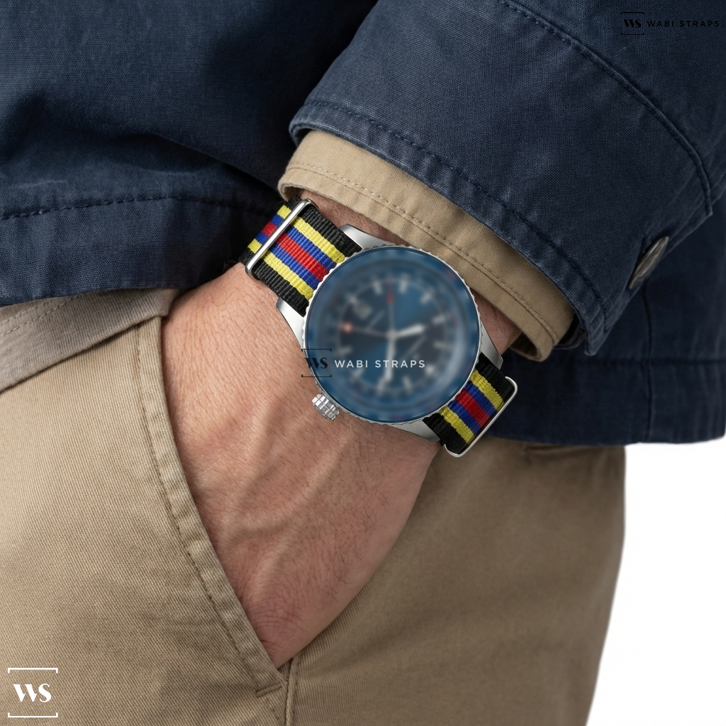 Black/Blue/Red/Yellow 7 Stripes Nylon Watch Strap on Khaki Aviation Converter Automatic GMT On Bracelet
