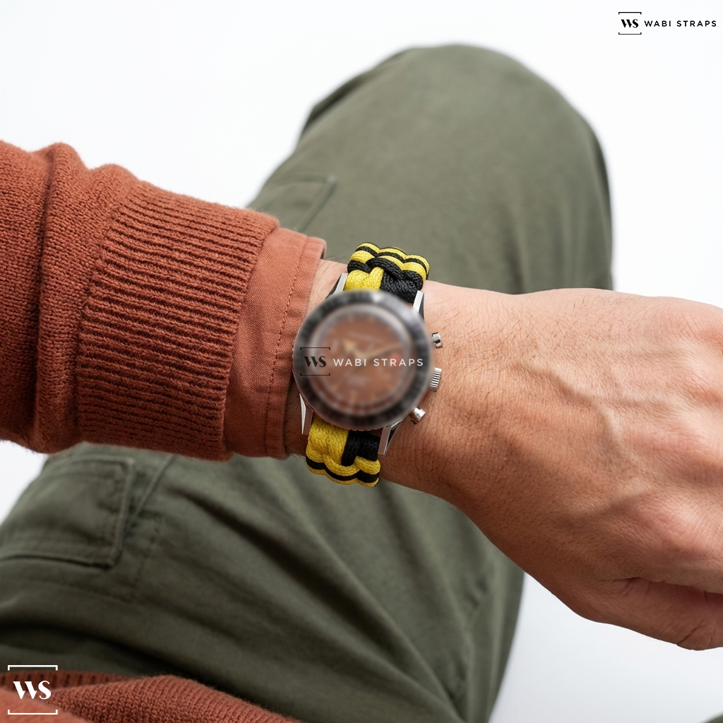 Black/Yellow Woven Nylon Watch Strap on Nivada Grenchen Chronomaster Broad Arrow Tropical 38mm Mens Watch 85007M01
