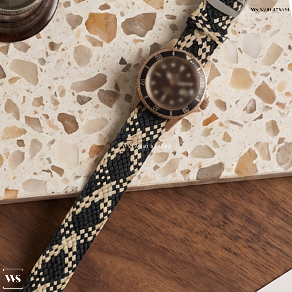 Beige/Black Interwoven Contrast Nylon Watch Strap on Rolex 1680 GMT 18k Gold Nipple Dial