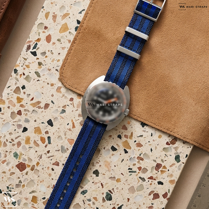 Black/Blue 5-Stripe Nylon Watch Strap on DOXA Sub 300 Sharkhunter 42.5mm Mens Watch 821.10.101.10