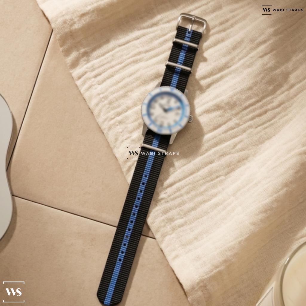 Black/Blue 2 Thick 1 Thin Stripe Nylon Watch Strap on Zodiac Super Sea Wolf Compression Automatic