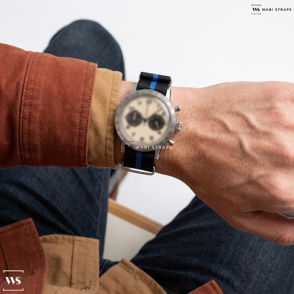 Black/Blue 2 Thick 1 Thin Stripe Nylon Watch Strap on Undone Type 20 Panda Chronograph Hybrid Quartz