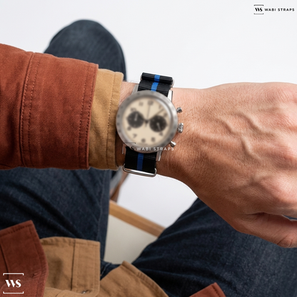Black/Blue 2 Thick 1 Thin Stripe Nylon Watch Strap on Undone Type 20 Panda Chronograph Hybrid Quartz