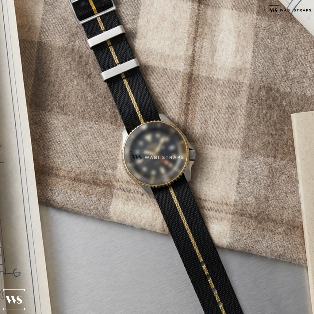 Black/Gold 3-Stripe Nylon Watch Strap on Seiko 5 Sports Automatic GMT Watch with Brown Dial #SSK036