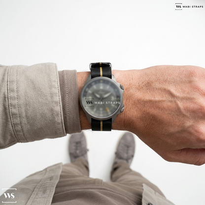 Black/Gold 3-Stripe Nylon Watch Strap on Laco Frankfurt GMT