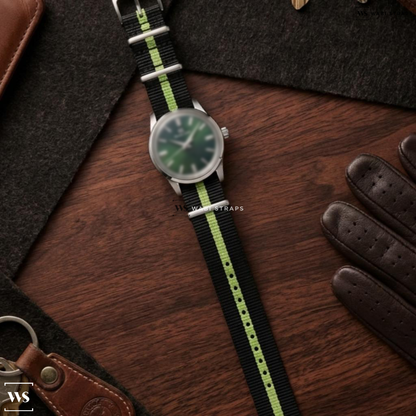 Black/Green 2 Thick 1 Thin Stripe Nylon Watch Strap on Grand Seiko Elegance Kirazuri