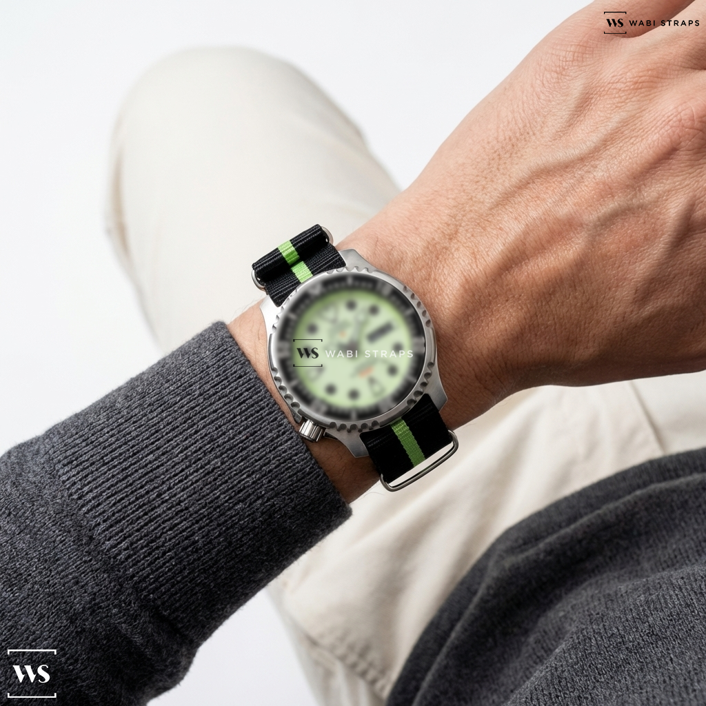 Black/Green 2 Thick 1 Thin Stripe Nylon Watch Strap on Citizen Uomo NY0040-50W Promaster Divers 200m