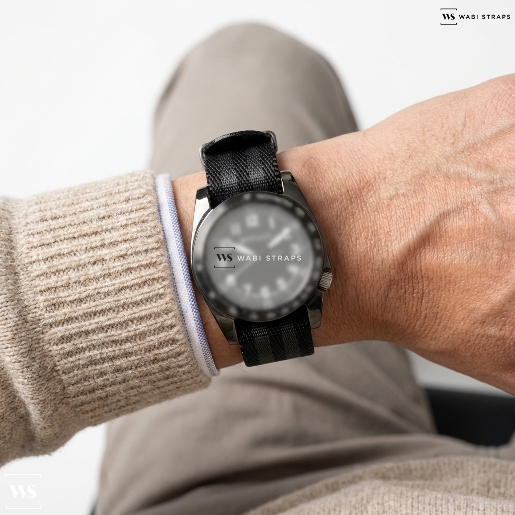 Black/Grey 5-Stripe Nylon Watch Strap on Bertucci A-11T Americana Officer's Edition