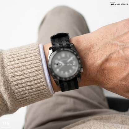 Black/Grey 5-Stripe Nylon Watch Strap on Bertucci A-11T Americana Officer's Edition