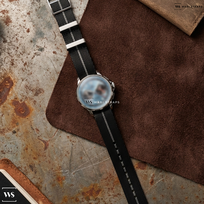 Black/Grey 3-Stripe Nylon Watch Strap on Angelus Chronodate Titanium 42.5mm Mens Watch Storm Blue 0CDZF.U03A.M009T