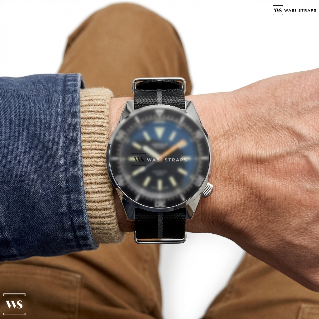 Black/Grey 3-Stripe Nylon Watch Strap on Bertucci A-11T Field Chronograph