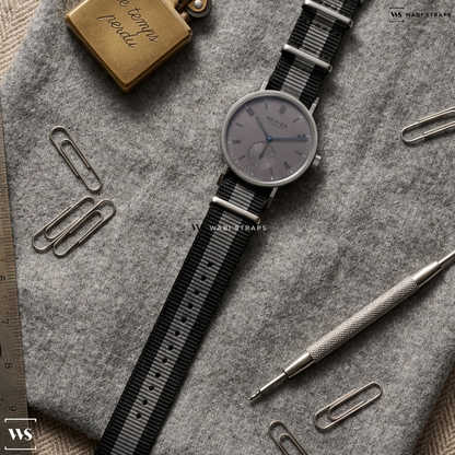 Black/Grey 3 Stripes Nylon Watch Strap on Nomos Tangente Sport Hodinkee Limited Edition