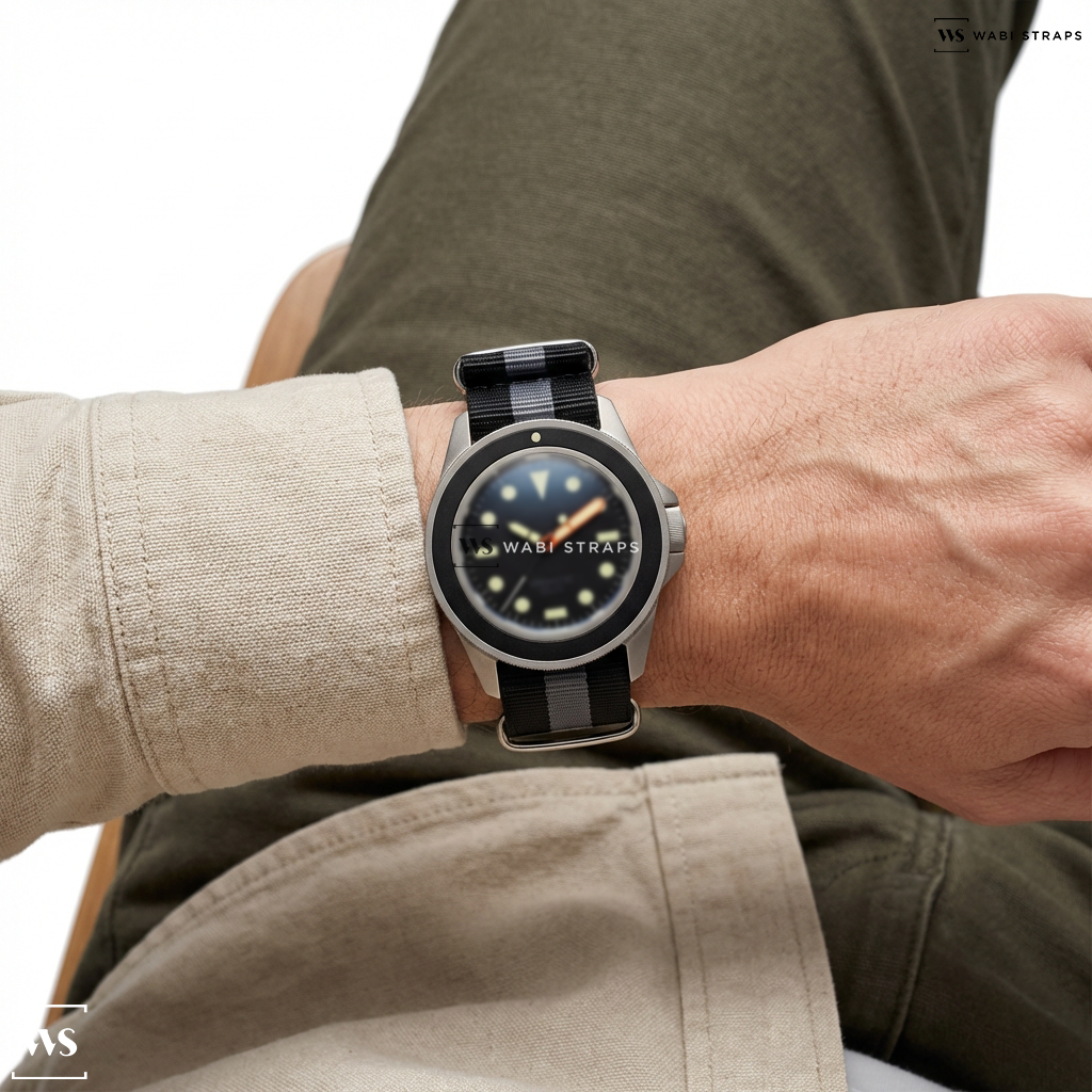 Black/Grey 3 Stripes Nylon Watch Strap on U1-MLB