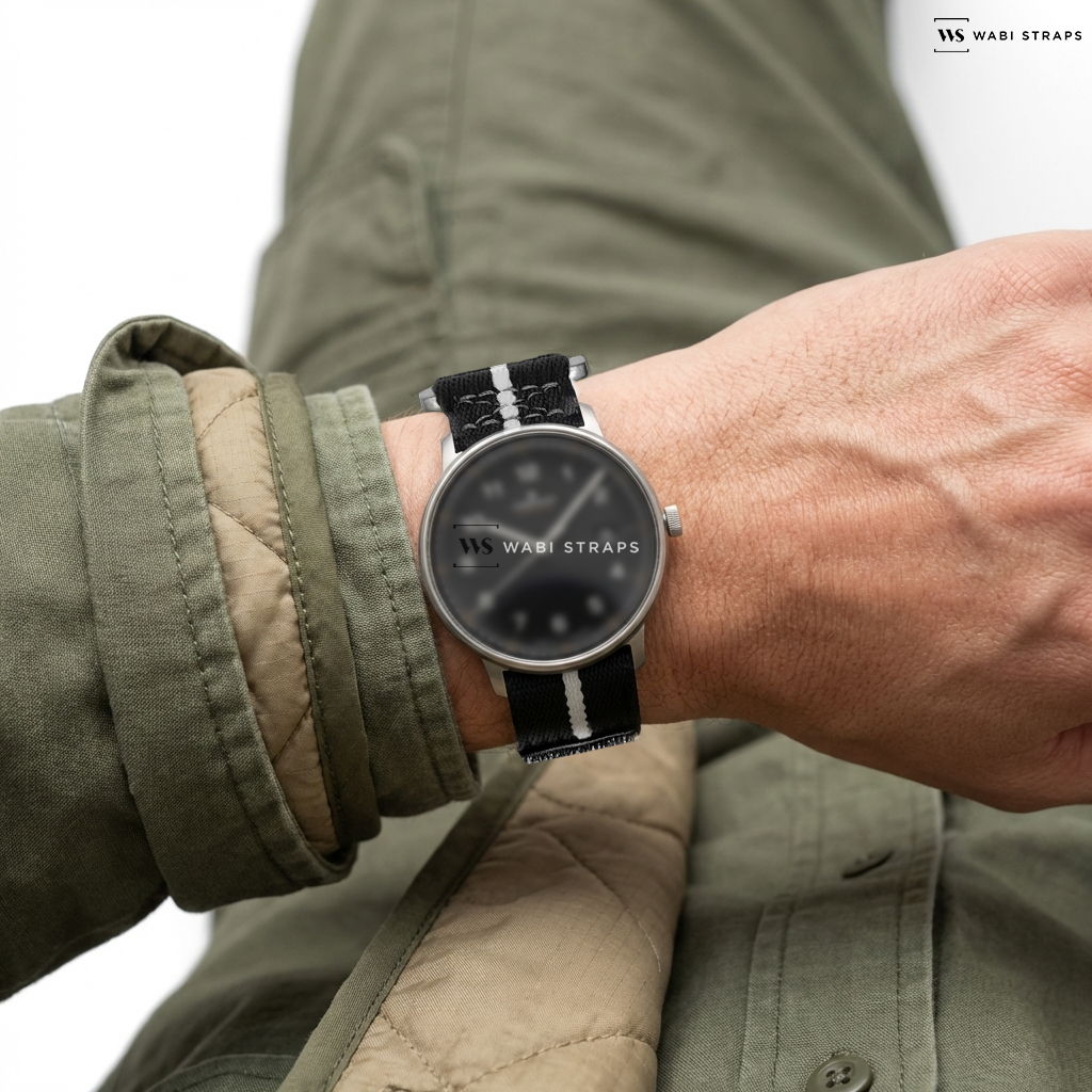 Black/Grey 1-Stripe Nylon Watch Strap on Junghans FORM A Titan