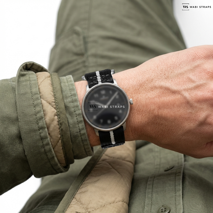 Black/Grey 1-Stripe Nylon Watch Strap on Junghans FORM A Titan