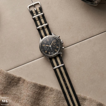 Beige/Black 5 Stripes Nylon Watch Strap on Breitling Aviator 765 1953 Reedition