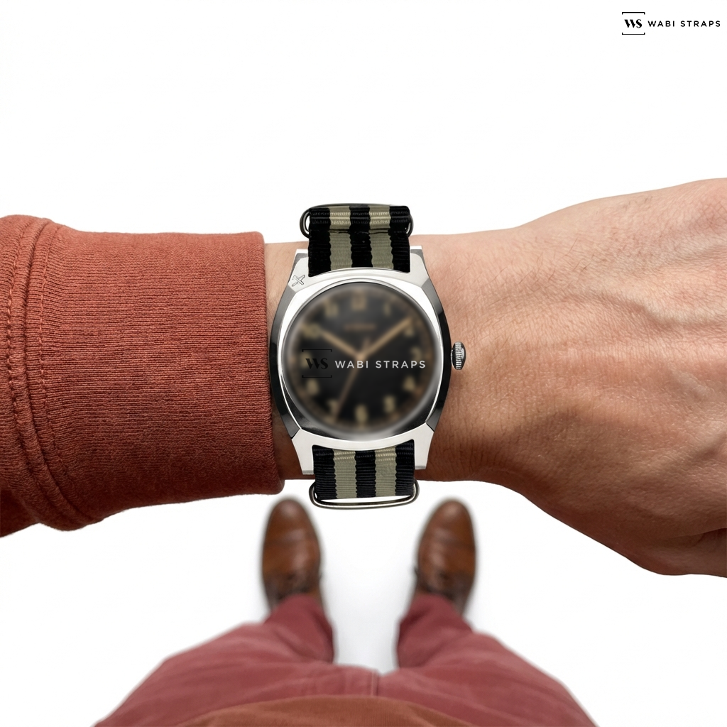 Beige/Black 5 Stripes Nylon Watch Strap on Eterna Majetek Heritage Military