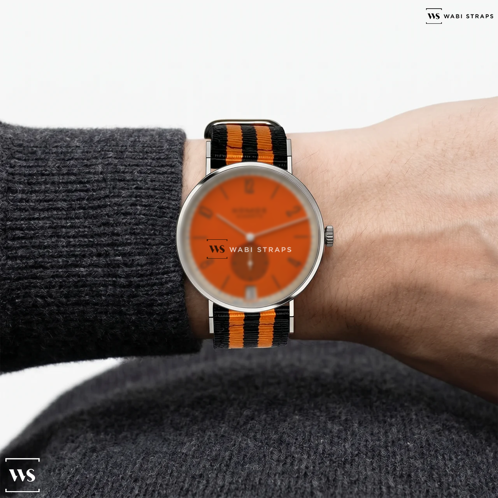 Black/Orange 5 Stripes Nylon Watch Strap on Nomos Tangente 38 date Orange Boje