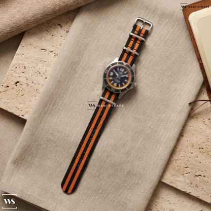 Black/Orange 5 Stripes Nylon Watch Strap on Breitling Superocean Automatic 42 Orange Accent
