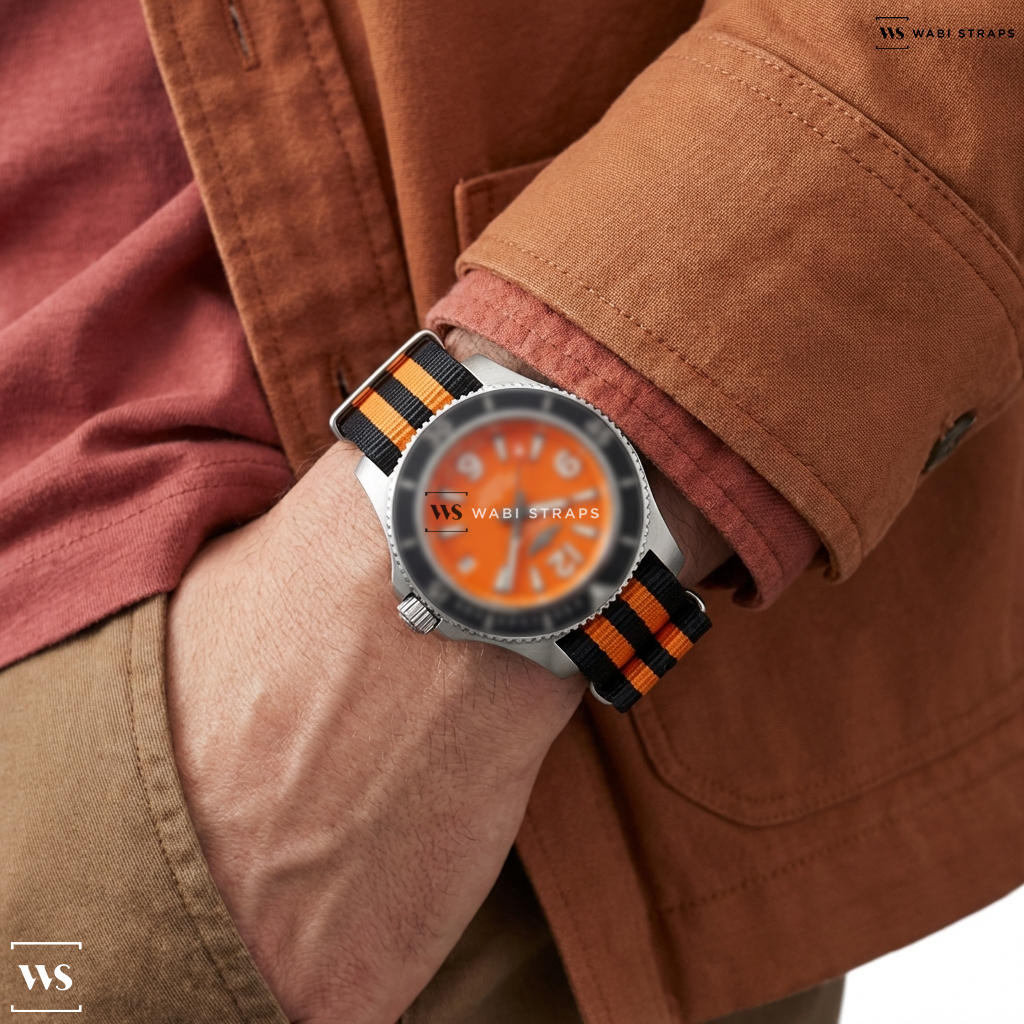 Black/Orange 5 Stripes Nylon Watch Strap on Breitling Superocean 42 A17366