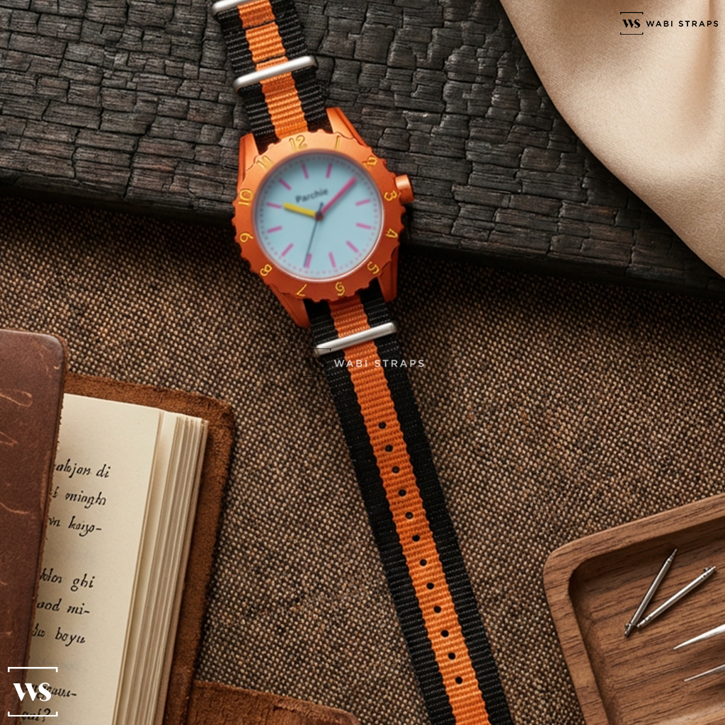 Black/Orange 3 Stripes Nylon Watch Strap on Parchie Party Time Orange Case Baby Blue Dial