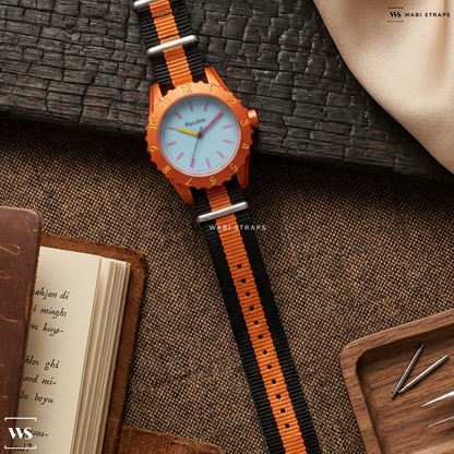 Black/Orange 3 Stripes Nylon Watch Strap on Parchie Party Time Orange Case Baby Blue Dial