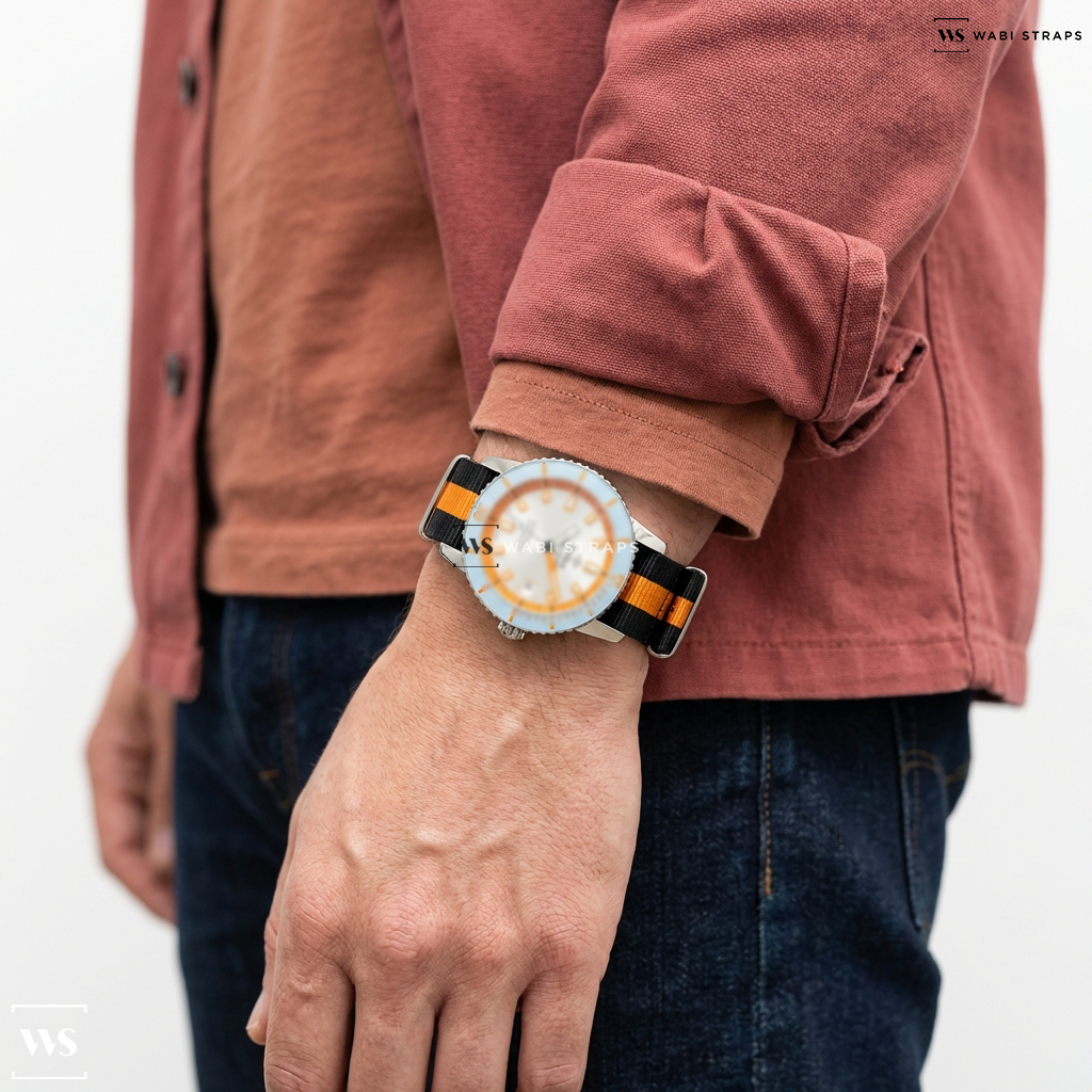 Black/Orange 3 Stripes Nylon Watch Strap on Zodiac Super Sea Wolf Blue and Orange ZO9304