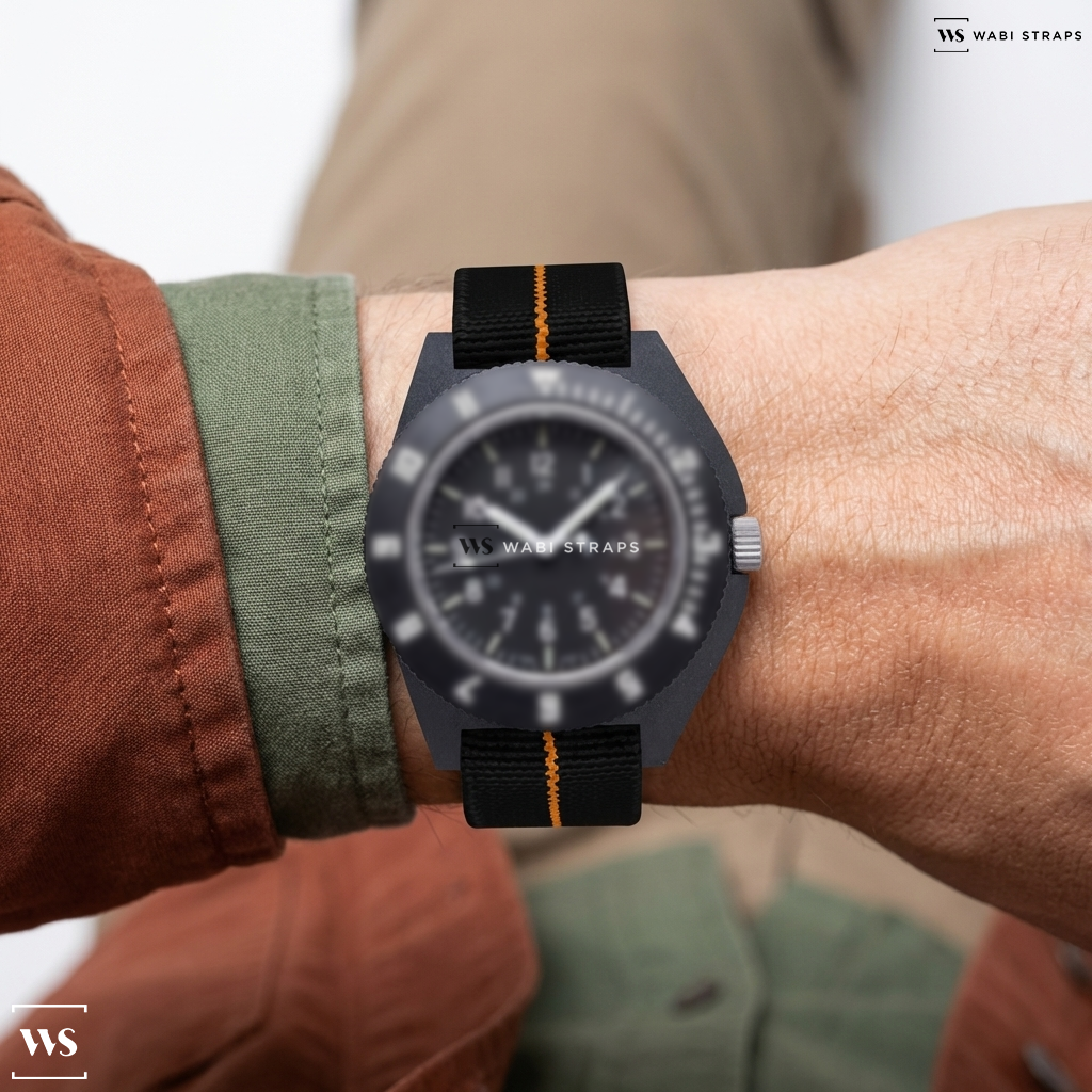 Black/Orange 3-Stripe Nylon Watch Strap on Marathon Navigator